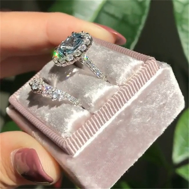 2pcs / set Vintage Oval Cut Natural Crystal Engagement Ring Set Anniversary Gift Women Wedding Banquet Party Jewelry Ring eprolo