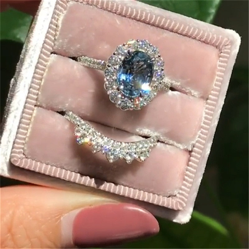 2pcs / set Vintage Oval Cut Natural Crystal Engagement Ring Set Anniversary Gift Women Wedding Banquet Party Jewelry Ring eprolo