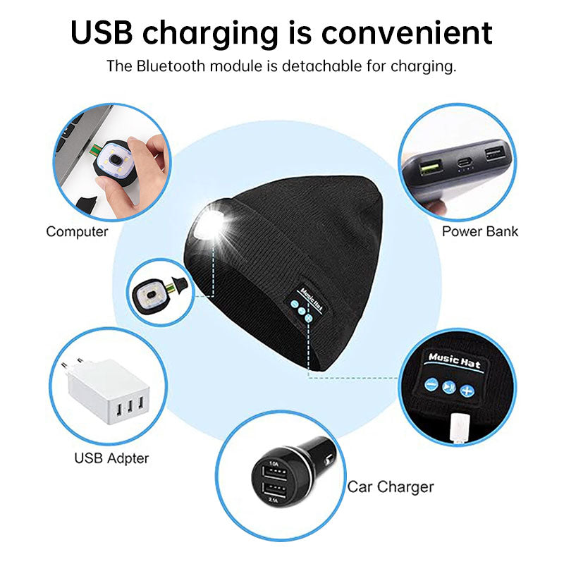 Warm LED Beanie with Bluetooth 5.4 Stereo, USB Rechargeable & 3-Level Adjustable Light | Music & Heating Winter Hat eprolo