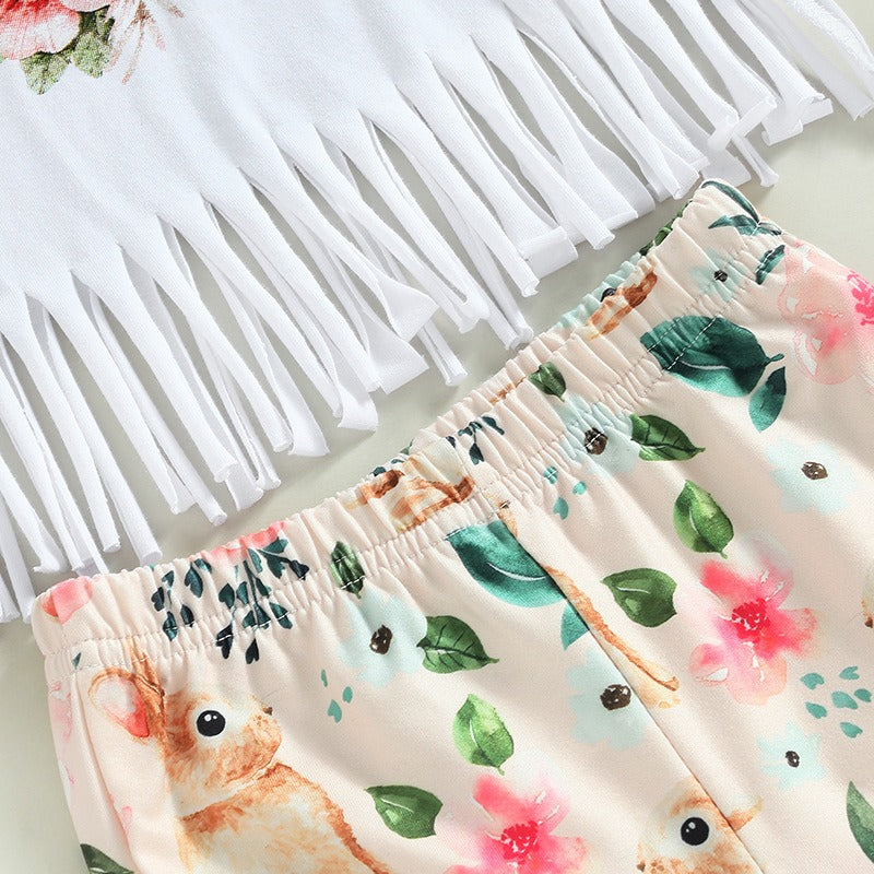 Girls Summer European And American Short Sleeve Tassel T Shirt Rabbit Flower Flare Pants Set Girls Set Two Piece Set eprolo