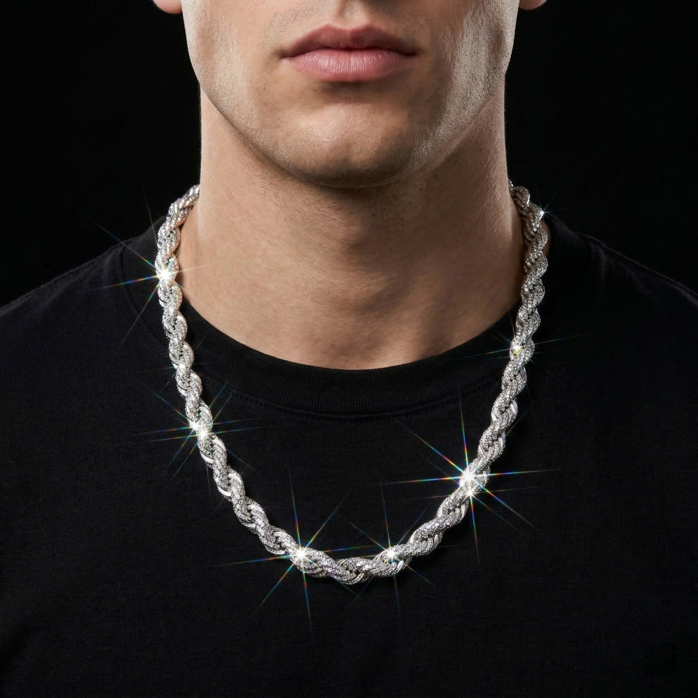 European And American Hip-Hop Mens Necklace 10mm Alloy Braided Chain With Diamonds Brilliant Roots