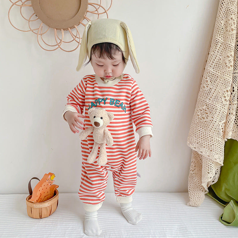 Baby Jumpsuit Autumn New Men And Women Baby Striped Three-Dimensional Bear Romper Long Sleeve Spring And Autumn Baby Clothes eprolo