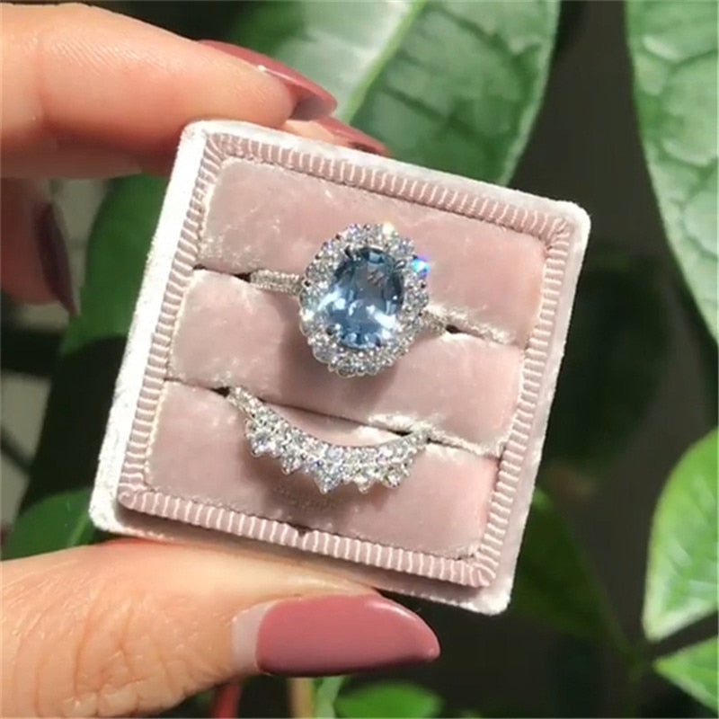 2pcs / set Vintage Oval Cut Natural Crystal Engagement Ring Set Anniversary Gift Women Wedding Banquet Party Jewelry Ring eprolo