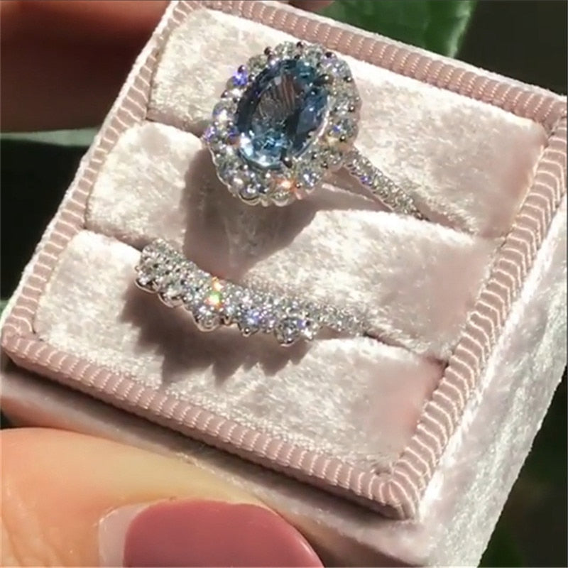 2pcs / set Vintage Oval Cut Natural Crystal Engagement Ring Set Anniversary Gift Women Wedding Banquet Party Jewelry Ring eprolo