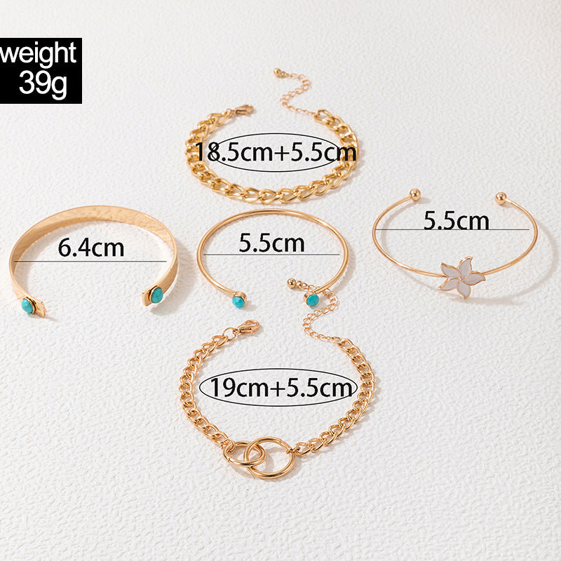 Metal Jewelry Flower Drip Oil Open Bracelet Set Turquoise Inlaid Bracelet Five Piece Set eprolo