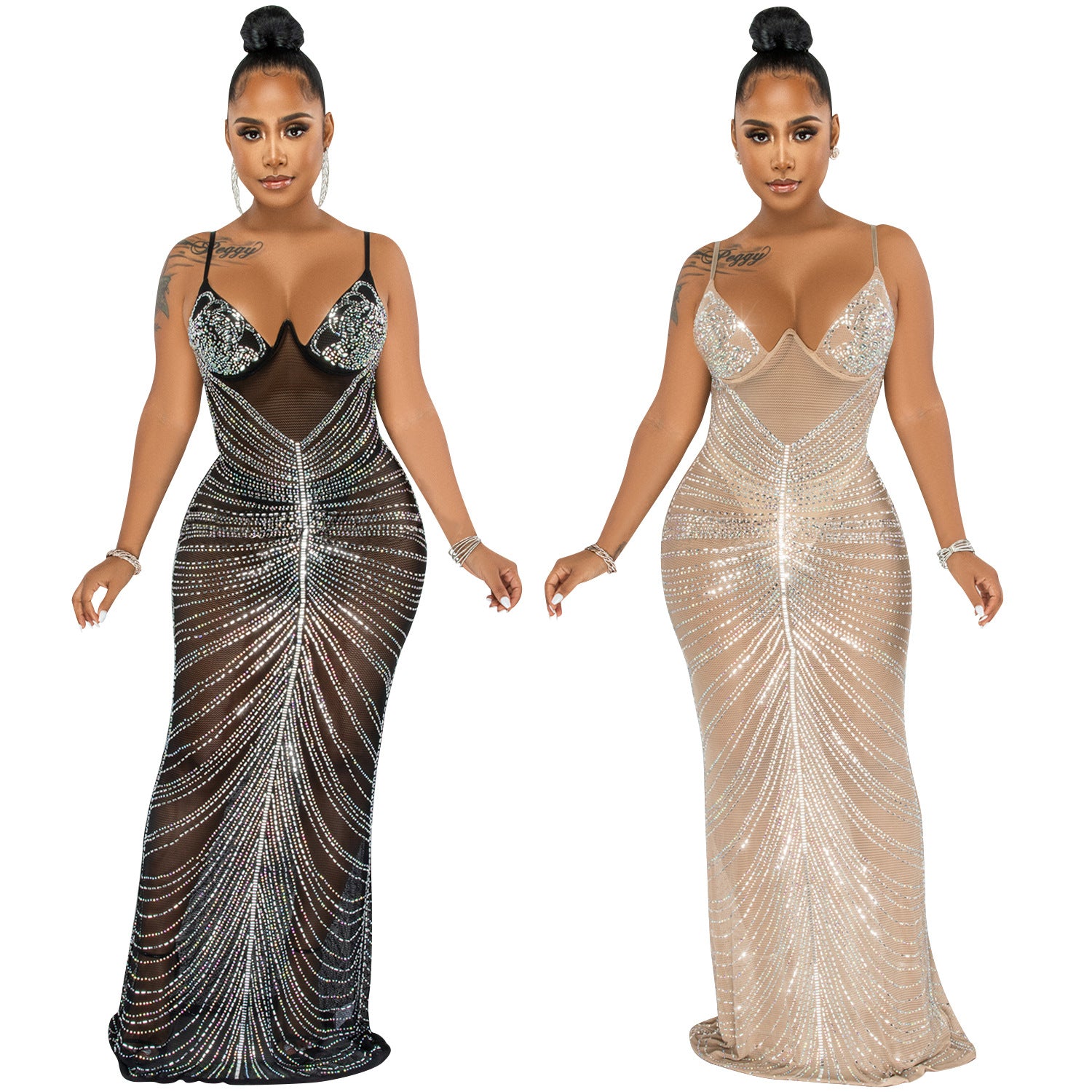 Fashion Sexy Beaded Strapless Sheer Mesh Long Dress eprolo