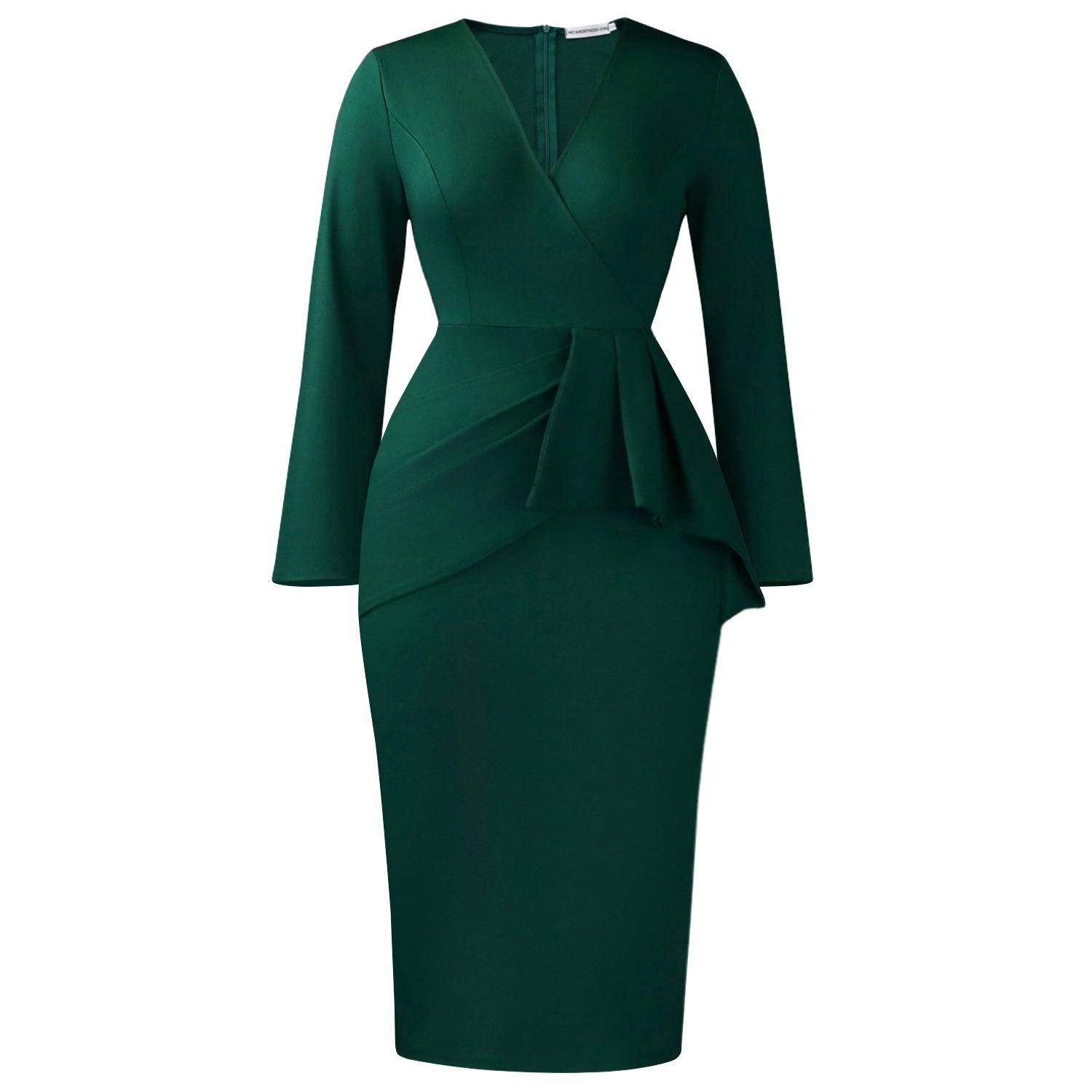 V-neck long sleeved solid color pleated dress eprolo