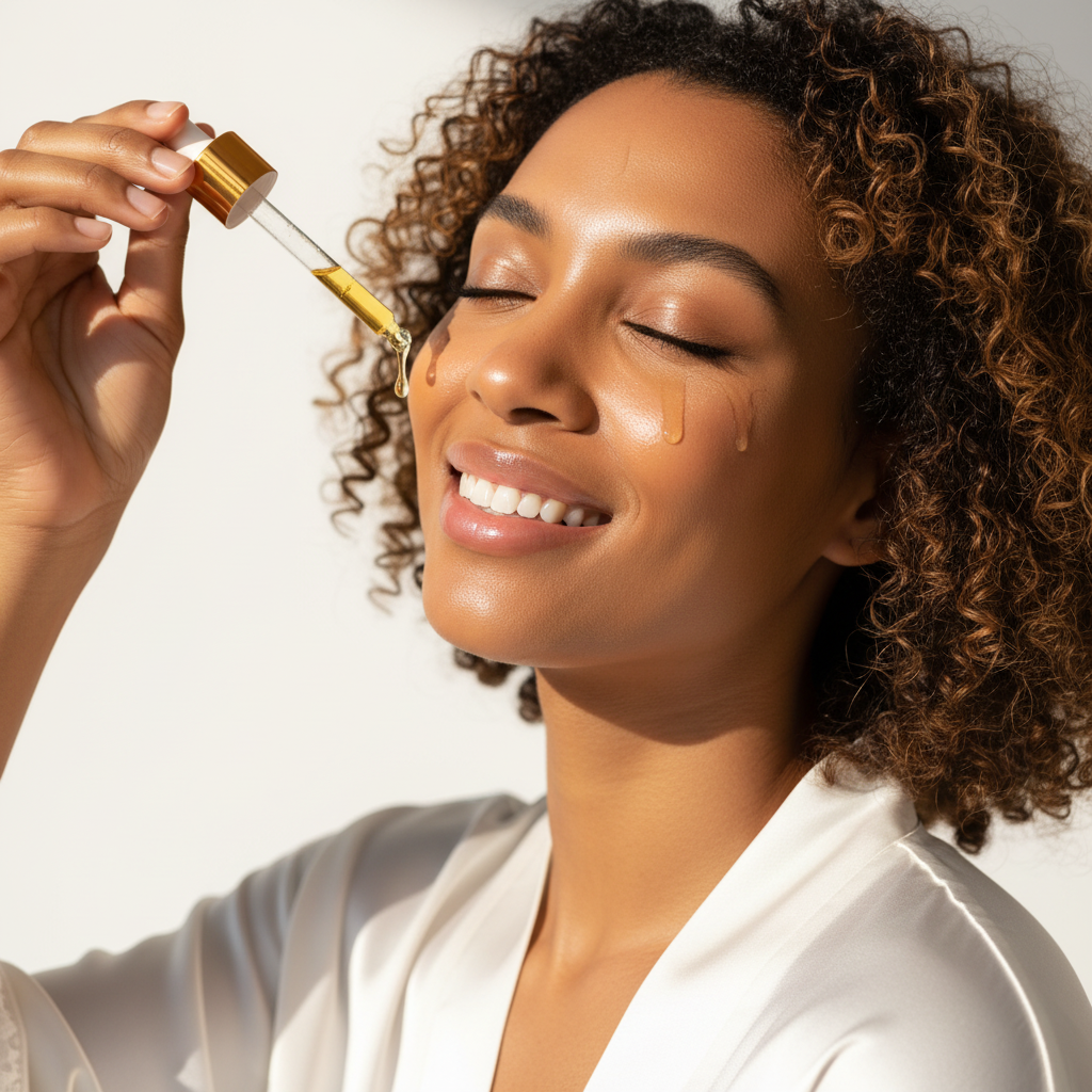 African Woman Applying Vitamin C Serum