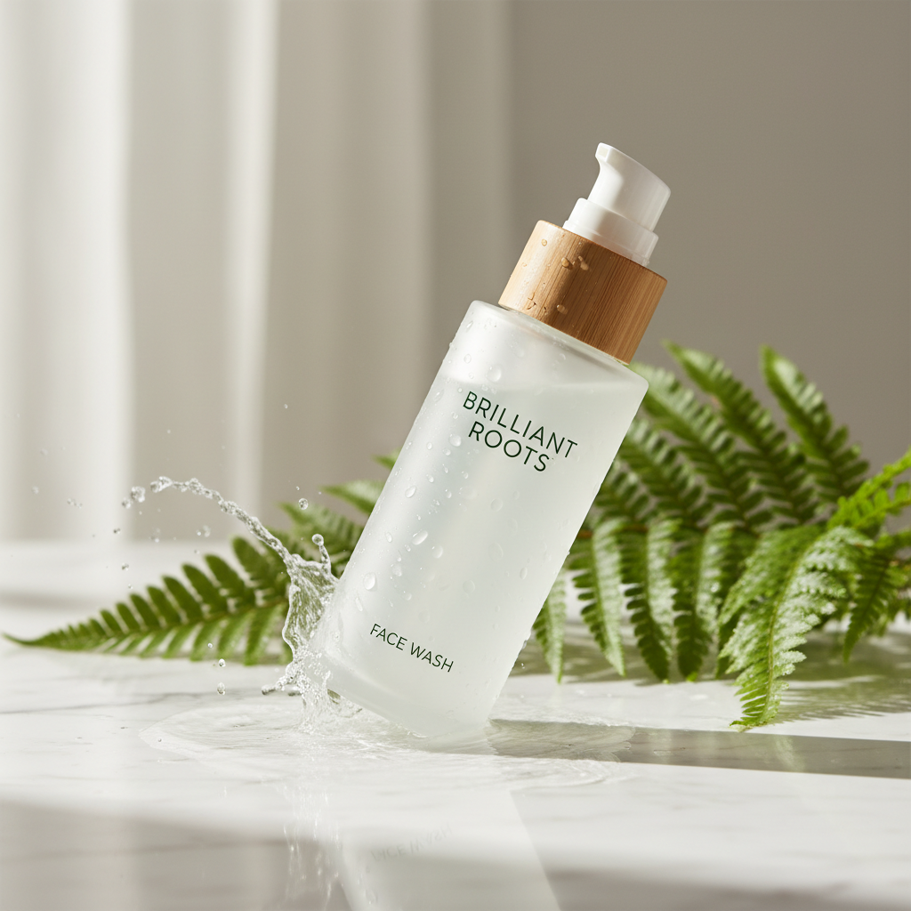 Face wash bottle side angle on wet marble with ferns