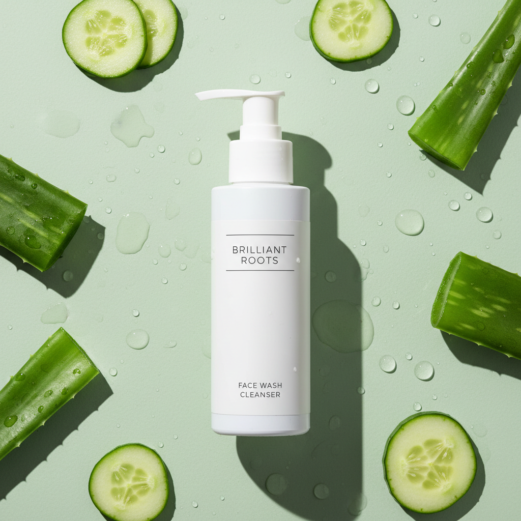 Face wash pump bottle top-down on sage green with cucumber