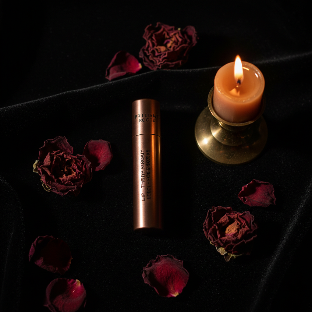 Lip therapy balm on black velvet with rose petals