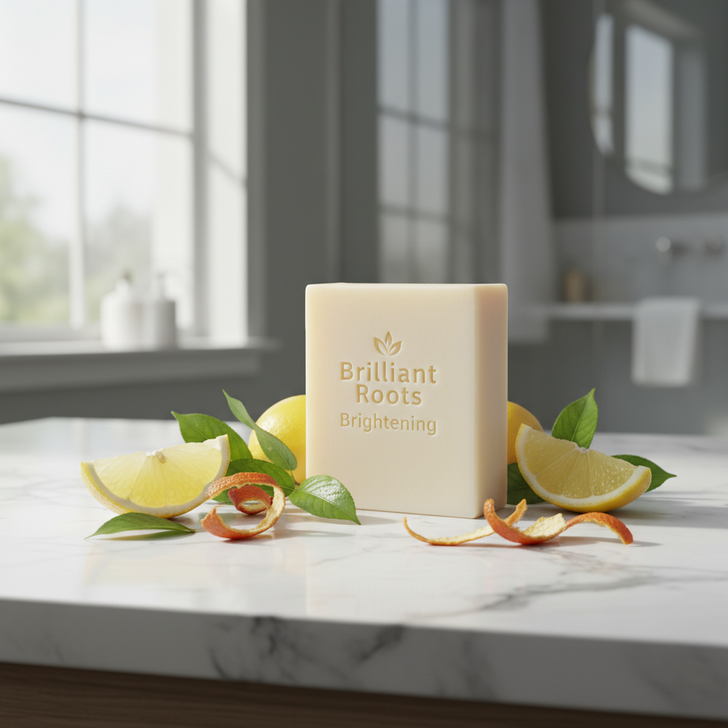 Brightening soap side angle on marble with lemon and citrus