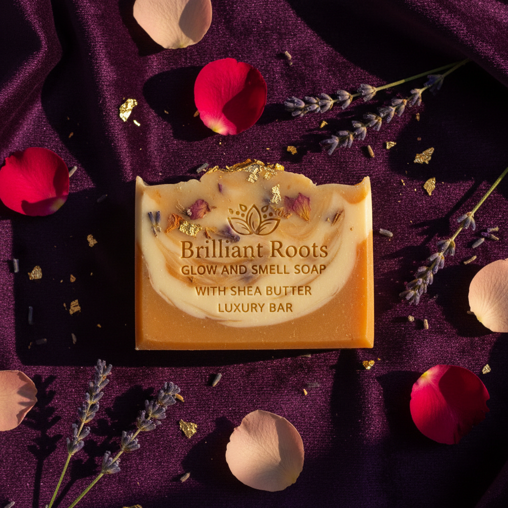 Glow soap top-down on purple velvet with lavender and rose petals