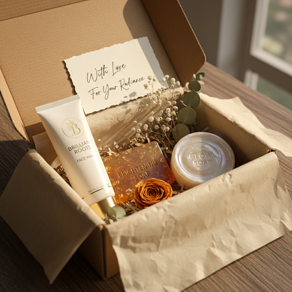 Starter Glow Kit in open kraft gift box with dried flowers