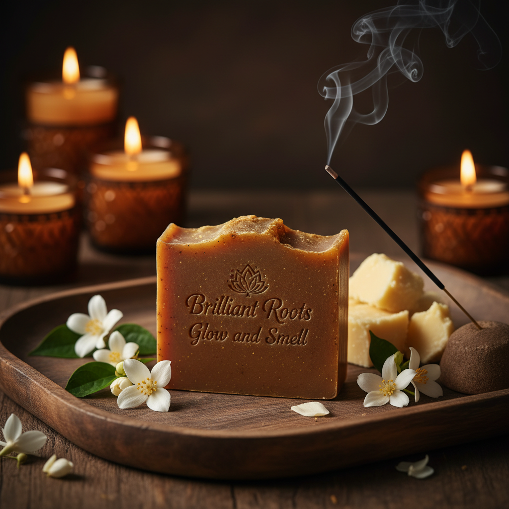 Glow soap side angle on wooden tray with jasmine and candlelight