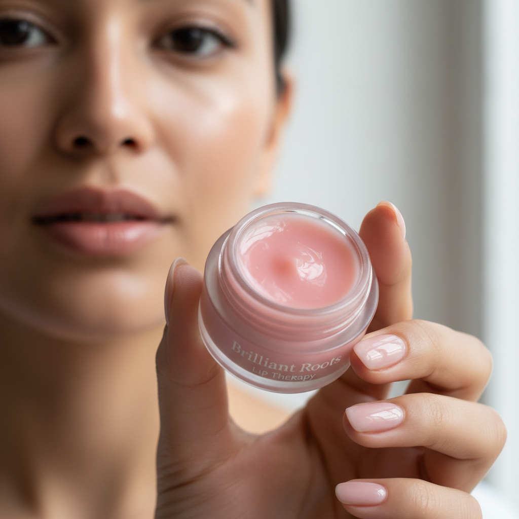 Close-up of lip therapy balm on manicured hand