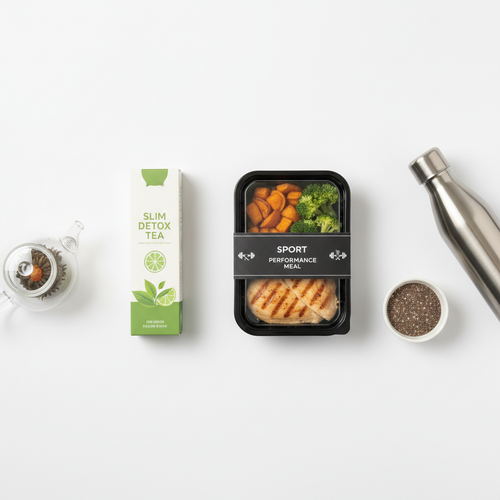 Slim Tea and Sport Meal flat lay