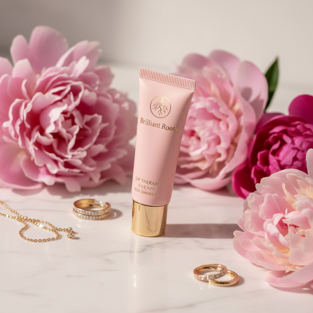 Lip therapy tube on marble with pink peonies