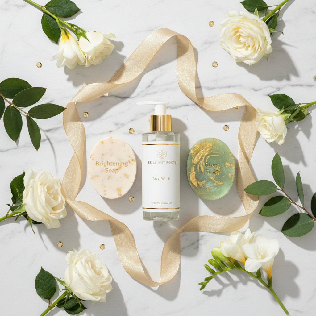 Starter Glow Kit flat lay on white marble with white flowers